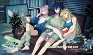 alternate_outfit animal_ears artist:sabasuk0 blonde_hair blue_hair cat_ears cat_girl character:ch'en_(arknights) character:lin_(arknights) character:swire_(arknights) dragon_girl dragon_horns english_text green_eyes horns in-series_category:feline in-series_category:lung in-series_category:lungmen in-series_category:zalak pink_eyes pink_hair rat_ears rat_girl red_eyes series:arknights // 1376x809 // 434KB