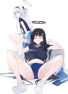 alternate_outfit artist:doksyuri beauty_mark black_hair character:himari_(blue_archive) character:rio_(blue_archive) elf hair_accessories hair_braid halo in-series_category:millenium_science_school in-series_category:seminar in-series_category:super_phenomenon_task_force mechanical_halo pointed_ears ponytail purple_eyes series:blue_archive sports_wear sweaty white_hair // 2689x3694 // 3.4MB