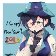 artist:hayabusa_taka blue_hair character:chihiro_(blue_archive) character:chihiro_(camp)_(blue_archive) english_text glasses green_eyes halo in-series_category:millenium_science_school in-series_category:veritas mechanical_halo ponytail series:blue_archive short_hair // 4000x4000 // 4.5MB