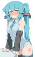 @_@ artist:abmayo blue_eyes blue_hair character:hatsune_miku flushed_face leotard long_hair series:vocaloid tattoo thigh_squish twin_tails // 1184x1920 // 171KB