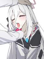 artist:bongnom character:key_(blue_archive) flushed_face hair_bow hair_down_the_middle halo in-series_category:game_development_department in-series_category:millenium_science_school long_hair pink_eyes saliva_string series:blue_archive tears white_hair // 897x1208 // 702KB