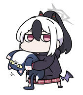 artist:nyaru beauty_mark black_hair body_wings character:kayoko_(blue_archive) chibi demon_horns demon_wings halo horns in-series_category:gehenna_academy in-series_category:problem_solver_68 ponytail red_eyes series:blue_archive two-tone_hair white_hair // 407x465 // 93KB