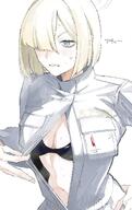 artist:kawatiw blonde_hair blue_eyes character:biker_gang_boss_(blue_archive) delinquent flushed_face hair_covering_eye halo in-series_category:delinquents japanese_text meta:source_deprecated midriff peek series:blue_archive short_hair sweaty // 1283x2043 // 275KB