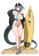 alternate_outfit artist:plentyofempty bird_girl character:ho'olheyak_(arknights) green_eyes grey_hair head_wings in-series_category:columbia in-series_category:k'uk'ulkan series:arknights short_hair slingshot_bikini snake_tail sunglasses // 2841x4096 // 569KB
