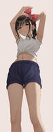 artist:ruien_(a999895) brown_eyes brown_hair hair_accessories hair_bow midriff ponytail series:original short_hair sports_wear // 649x1600 // 345KB