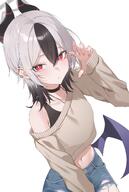 alternate_outfit artist:lan_(lanlanyy1) beauty_mark black_hair body_wings casual_clothes character:kayoko_(blue_archive) demon_horns demon_wings ear_piercings halo horns in-series_category:gehenna_academy in-series_category:problem_solver_68 red_eyes series:blue_archive sweater two-tone_hair white_hair wolf_cut // 1040x1552 // 148KB