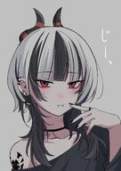 alternate_outfit artist:nyanzai beauty_mark black_hair character:kayoko_(blue_archive) demon_horns ear_piercings eye_liner halo horns in-series_category:gehenna_academy in-series_category:problem_solver_68 red_eyes series:blue_archive two-tone_hair white_hair wolf_cut // 2866x4047 // 666KB