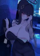 alternate_outfit artist:megumi740 black_hair character:rio_(blue_archive) dress flushed_face hair_accessories hair_bun halo in-series_category:millenium_science_school in-series_category:seminar mechanical_halo peeling_off_cloth red_eyes series:blue_archive // 515x723 // 428KB