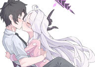 arms_around_waist artist:ahti character:hina_(blue_archive) character:sensei_(blue_archive) demon_horns flushed_face halo horns in-series_category:gehenna_academy in-series_category:prefect_team kiss long_hair mechanical_halo pajamas series:blue_archive white_hair // 4299x3035 // 5.9MB