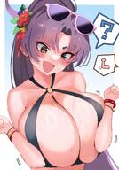 artist:heiyohei brown_hair character:yukari_(blue_archive) character:yukari_(swimsuit)_(blue_archive) eye_liner flushed_face hair_accessories halo in-series_category:allied_hyakkiyako_academy in-series_category:hyakkaryouran_conflict_resolution_council long_hair ponytail purple_hair series:blue_archive sunglasses sweaty swimsuit // 1200x1720 // 190KB