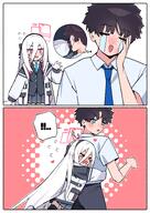 artist:jeomo character:key_(blue_archive) character:sensei_(blue_archive) comic flushed_face hair_bow hair_down_the_middle halo hugging_from_behind in-series_category:game_development_department in-series_category:millenium_science_school long_hair pink_eyes series:blue_archive slap_mark white_hair // 2150x3035 // 2.5MB