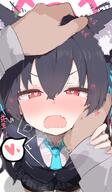 animal_ears artist:nyasiro black_hair cat_ears cat_girl character:serika_(blue_archive) flushed_face halo headpat in-series_category:abydos_high_school in-series_category:foreclosure_task_force japanese_text pov red_eyes series:blue_archive steaming_body wet_shirt // 1142x1959 // 1.2MB