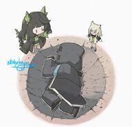 animal_ears artist:whitydragon black_hair cat_ears cat_girl character:doctor_(arknights) character:kal'tsit_(arknights) character:mon3tr_(arknights) chibi green_eyes green_hair in-series_category:feline in-series_category:rhodes_island meme series:arknights short_hair tail white_hair // 745x716 // 1.1MB