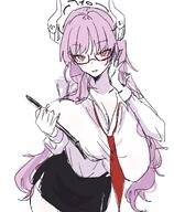 alternate_outfit artist:muratsui_tekita beauty_mark character:satsuki_(blue_archive) demon_horns glasses halo horns in-series_category:gehenna_academy in-series_category:pandemonium_society long_hair office_lady orange_eyes pink_hair series:blue_archive // 1400x1700 // 233KB