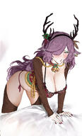 alternate_outfit antlers artist:amaruda character:coldshot_(arknights) ear_piercings eye_liner flushed_face green_eyes hair_accessories hair_covering_eye in-series_category:columbia in-series_category:elafia lingerie lipstick long_hair pov purple_hair series:arknights sweaty // 700x1160 // 393KB