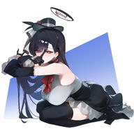 alternate_outfit artist:doksyuri black_hair character:rio_(blue_archive) flushed_face hair_accessories halo idol_outfit in-series_category:millenium_science_school in-series_category:seminar long_hair mechanical_halo red_eyes series:blue_archive thigh_squish // 2905x2799 // 3.4MB
