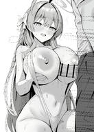 ahoge alternate_outfit artist:onedoo character:hanako_(blue_archive) flushed_face hair_braid halo in-series_category:make-up_work_club in-series_category:trinity_general_school large_areolae long_hair monochrome paizuri series:blue_archive slingshot_bikini steaming_body sweaty swimsuit // 2220x3106 // 1.9MB