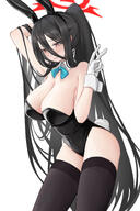 alternate_outfit artist:SaMA beauty_mark black_hair bunny_suit character:hasumi_(blue_archive) flushed_face hair_down_the_middle halo in-series_category:justice_task_force in-series_category:trinity_general_school leotard long_hair ponytail rabbit_ears red_eyes series:blue_archive thigh_squish v // 1000x1500 // 440KB