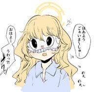 alternate_outfit artist:roku_a_san blindfold blonde_hair character:aoba_(blue_archive) halo in-series_category:freight_logistics_department in-series_category:highlander_railroad_academy japanese_text long_hair pajamas series:blue_archive // 1010x991 // 118KB
