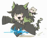 animal_ears artist:whitydragon black_hair cat_ears cat_girl character:kal'tsit_(arknights) character:mon3tr_(arknights) chibi green_eyes green_hair in-series_category:feline in-series_category:rhodes_island series:arknights short_hair tail white_hair // 759x619 // 958KB