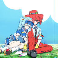 alternate_outfit artist:channel blue_hair character:hatsune_miku character:kasane_teto pants red_eyes red_hair series:utau series:vocaloid short_hair tube_socks twin_drills twin_tails // 2843x2843 // 2.6MB