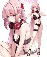 artist:shigure_s character:eimi_(blue_archive) hair_accessories halo headphones in-series_category:millenium_science_school in-series_category:super_phenomenon_task_force lingerie long_hair pink_hair purple_eyes series:blue_archive steaming_body sweaty thigh_squish // 2872x3476 // 703KB