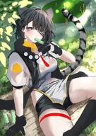 animal_ears artist:mocomomomo blue_eyes cat_ears cat_girl cat_tail character:tangtang eyepatch flushed_face grey_hair in-series_category:feline japanese_text series:arknights:_endfield short_hair short_shorts tail wet_shirt // 2828x4000 // 1.2MB