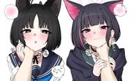 animal_ears artist:nichijou black_eyes black_hair cat_ears cat_girl character:doodle_sensei_(blue_archive) character:kazusa_(blue_archive) character:kikyou_(blue_archive) character:sensei_(blue_archive) ffm flushed_face halo in-series_category:after_school_sweets_club in-series_category:allied_hyakkiyako_academy in-series_category:hyakkaryouran_conflict_resolution_council in-series_category:trinity_general_school japanese_text pink_eyes pink_hair pov series:blue_archive two-tone_hair // 2242x1350 // 350KB