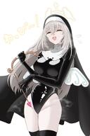 artist:nagomu body_wings character:sakurako_(blue_archive) character:sakurako_(justina_uniform)_(blue_archive) flushed_face full-face_blush grey_hair halo high-cut_leotard in-series_category:sisterhood in-series_category:trinity_general_school japanese_text leotard long_hair nun series:blue_archive // 1985x2971 // 1.5MB
