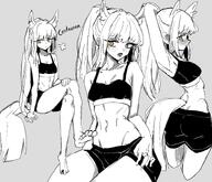 alternate_outfit animal_ears artist:0w07 character:platinum_(arknights) flushed_face horse_ears horse_girl horse_tail in-series_category:kazimierz in-series_category:kuranta long_hair midriff monochrome ponytail series:arknights sports_wear tail yellow_eyes // 1500x1291 // 564KB