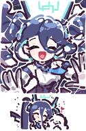 artist:ranaga210 blue_hair character:aris_(battle)_(blue_archive) character:aris_(blue_archive) character:doodle_sensei_(blue_archive) character:sensei_(blue_archive) comic flushed_face hair_down_the_middle halo in-series_category:game_development_department in-series_category:millenium_science_school leotard long_hair mecha pov series:blue_archive twin_tails // 944x1441 // 232KB