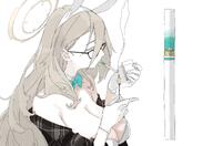 artist:kawatiw brown_hair bunny_suit character:akane_(blue_archive) character:akane_(bunny)_(blue_archive) cigarette glasses hair_down_the_middle halo in-series_category:cleaning_&_clearing in-series_category:millenium_science_school leotard long_hair meta:source_deprecated rabbit_ears series:blue_archive // 2048x1409 // 216KB