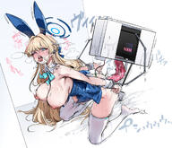artist:nakamura_rohane blonde_hair blue_eyes bondage bunny_suit character:toki_(blue_archive) character:toki_(bunny)_(blue_archive) flushed_face hair_bow hair_braid in-series_category:cleaning_&_clearing in-series_category:millenium_science_school in-series_category:super_phenomenon_task_force japanese_text leotard long_hair masturbation rabbit_ears rabbit_tail series:blue_archive sex_toy steaming_body sweaty thigh_squish // 1750x1500 // 1.5MB