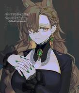 alternate_outfit animal_ears artist:thiru3dan beauty_mark brown_eyes brown_hair character:penance_(arknights) dress ear_piercings hair_accessories in-series_category:lupo in-series_category:siracusa long_hair series:arknights wolf_ears wolf_girl // 1700x2000 // 477KB