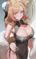 alternate_outfit animal_ears artist:uof blonde_hair blue_eyes character:whislash_(arknights) character:zofia_(arknights) flushed_face hair_bow hair_bun horse_ears horse_girl in-series_category:kazimierz in-series_category:kuranta lingerie qipao series:arknights // 1216x2000 // 799KB