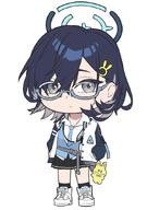 artist:hoffun_2 blue_hair bomber_jacket character:chihiro_(blue_archive) chibi green_eyes halo in-series_category:millenium_science_school in-series_category:veritas mechanical_halo series:blue_archive short_hair sweater // 617x880 // 218KB