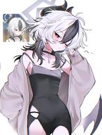 artist:7h4ze beauty_mark black_hair body_wings character:kayoko_(blue_archive) character:kayoko_(dress)_(blue_archive) demon_horns demon_wings dress halo horns in-series_category:gehenna_academy in-series_category:problem_solver_68 low-cut_dress messy_hair red_eyes series:blue_archive sweater two-tone_hair white_hair wolf_cut // 1976x2617 // 580KB