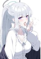 artist:reia character:noa_(blue_archive) character:noa_(pajama)_(blue_archive) cum_in_mouth halo in-series_category:millenium_science_school in-series_category:seminar long_hair mechanical_halo pajamas ponytail purple_eyes series:blue_archive steaming_body white_hair // 1446x2048 // 313KB