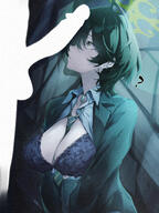 artist:ei beauty_mark character:fuyu_(blue_archive) ear_piercings green_eyes green_hair halo in-series_category:free_trade_cartel in-series_category:wild_hunt_academy_of_arts lingerie penis_over_face series:blue_archive short_hair // 1200x1600 // 2.4MB