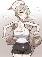 alternate_outfit artist:musuru blonde_hair character:marina_(blue_archive) dolphin_shorts flushed_face groping in-series_category:red_winter_federal_academy in-series_category:red_winter_office series:blue_archive short_hair steaming_body yellow_eyes // 3065x4096 // 675KB