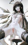 alternate_outfit artist:iumu beauty_mark black_hair body_wings character:virtuosa_(arknights) green_eyes halo in-series_category:laterano in-series_category:sankta long_hair pov series:arknights thigh_squish // 1000x1627 // 1.6MB