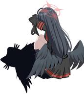 artist:woodhxx black_hair body_wings cat_ears character:ichika_(blue_archive) feathered_wings flushed_face halo in-series_category:justice_task_force in-series_category:trinity_general_school long_hair series:blue_archive // 1833x2048 // 250KB