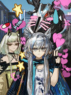 animal_ears antlers artist:thiccborb blue_eyes cat_ears cat_girl character:kal'tsit_(arknights) character:patriot_(arknights) character:rosmontis_(arknights) green_eyes in-series_category:elite_operator in-series_category:feline in-series_category:reunion in-series_category:rhodes_island in-series_category:sarkaz in-series_category:wendigo series:arknights short_hair v white_hair // 1260x1680 // 2.5MB