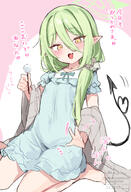 alternate_outfit artist:bisyo_oji character:nozomi_(blue_archive) green_hair hair_down_the_middle halo in-series_category:central_control_center in-series_category:highlander_railroad_academy japanese_text lap_pillow long_hair pajamas pointed_ears pov series:blue_archive tail yellow_eyes // 1920x2809 // 2.2MB