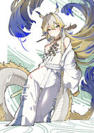 artist:ahti character:shu_(arknights) dragon_girl dragon_horns dragon_tail eye_liner green_eyes hair_accessories hair_bun horns in-series_category:feranmut in-series_category:sui_siblings in-series_category:yan long_hair pants pointed_ears series:arknights tail white_hair // 2480x3508 // 6.9MB