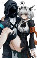 artist:LjeDamos character:doctor_(arknights) character:talulah_(arknights) dragon_horns flushed_face grey_eyes horns in-series_category:draco in-series_category:reunion meta:AI_generated princess_carry series:arknights short_hair white_hair // 1248x1920 // 2.3MB