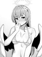 artist:mukae_gou body_wings character:nagisa_(blue_archive) feathered_wings flushed_face hair_accessories hair_braid halo in-series_category:tea_party in-series_category:trinity_general_school lingerie long_hair monochrome series:blue_archive sweaty // 1983x2661 // 1.3MB
