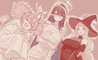 alternate_outfit artist:fight_yoghurt character:ayumu_(blue_archive) character:momoka_(blue_archive) character:rin_(blue_archive) demon_horns elf glasses halo horns in-series_category:general_student_council monochrome mummy_outfit pointed_ears series:blue_archive witch_hat // 1040x640 // 122KB