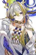 artist:kei115 character:shu_(arknights) dragon_horns eye_liner green_eyes hair_accessories hair_bun horns in-series_category:feranmut in-series_category:sui_siblings in-series_category:yan long_hair pants pointed_ears series:arknights white_hair // 1624x2485 // 4.8MB