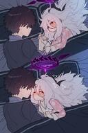 artist:jeomo character:hina_(blue_archive) character:sensei_(blue_archive) comic demon_horns flushed_face halo horns in-series_category:gehenna_academy in-series_category:prefect_team long_hair mechanical_halo messy_hair pajamas purple_eyes series:blue_archive white_hair // 1366x2048 // 308KB